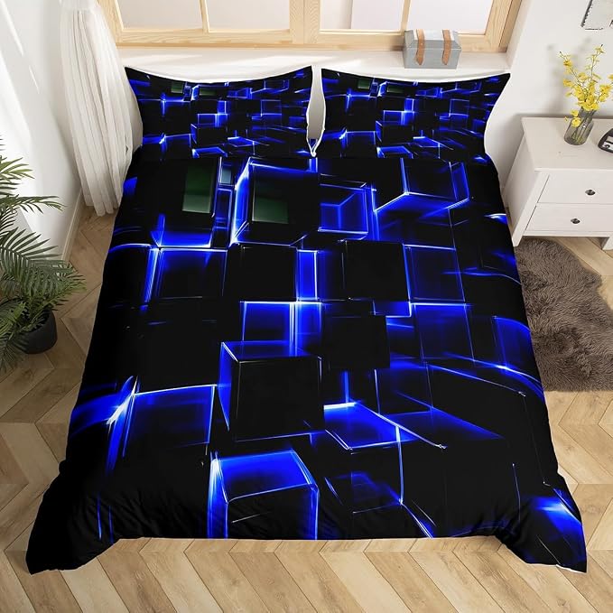 Erosebridal Abstract Duvet Cover, Modern Geometric Grid Square Queen Bedding Sets, Blue Black Honeycomb Bed Cover Soft Microfiber Polyester Bed Set for Kids Boys Bedroom(No Comforter)