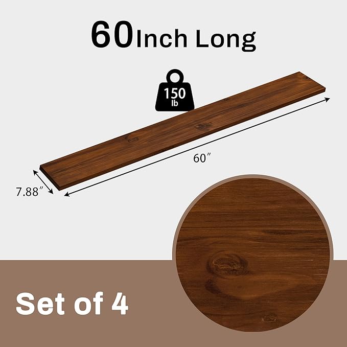60-Inch Solid Walnut Floating Shelves Set of 4-Rustic Farmhouse Wall Shelves with 150 lb Capacity, Heavy Duty Easy Install for Bathroom, Kitchen, Living Room&Home Decor