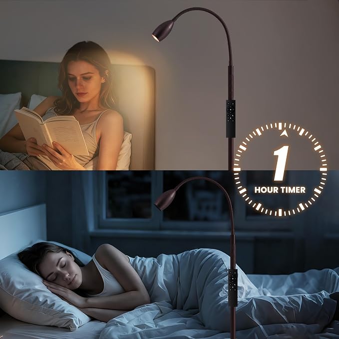 Reading Floor Lamp, Dimmable LED Floor Lamp with Remote, Standing Lamp with Flexible Gooseneck, Zoomable Spotlight, Reading light, Task Crafting Tall Lamps for Living Room Office Bedroom(Brown)