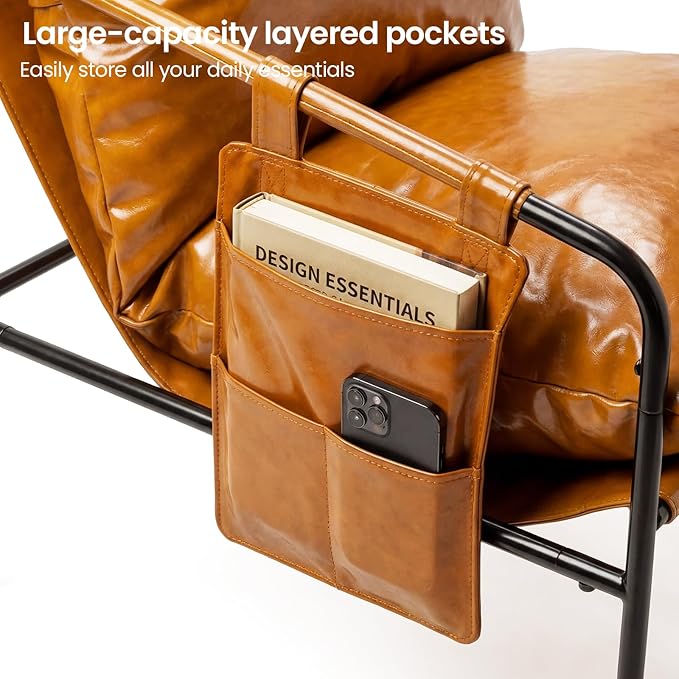 Modern Bright Orange Oversized Faux Leather Chair, Recliner Armchair, Comfy Accent Chair with Sturdy Metal Frame, Armrest bag, Indoor Outdoor couch sofa Chair for Living Room Bedroom Patio lounge