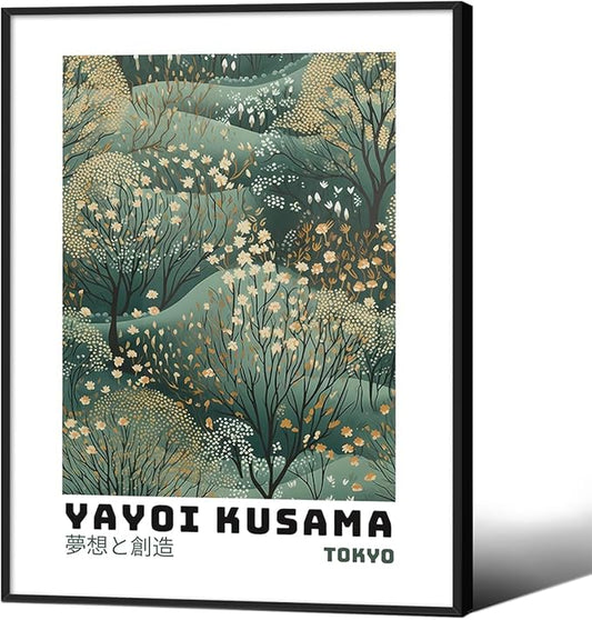 Yayoi Kusama Inspired Poster Japanese Botanical Wall Art Abstract Yayoi Kusama Print Modern Ukiyo-e Japanese Gallery Wall Decor 11x14in Black Framed for Home Bedroom Decorations