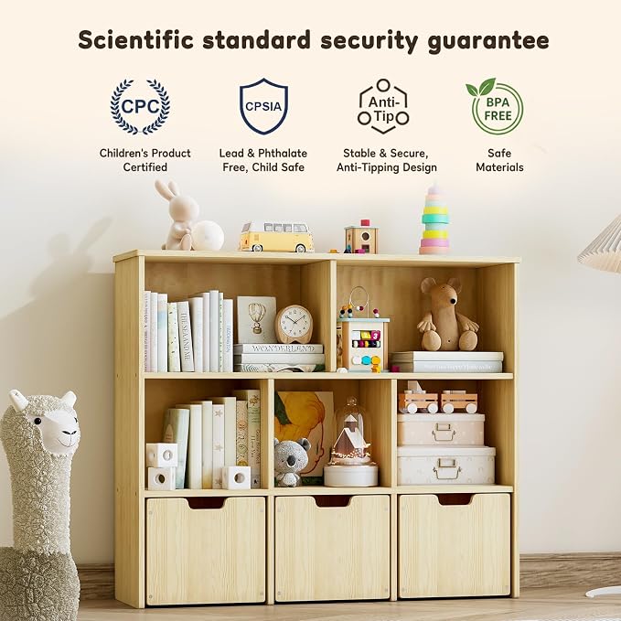 EXPERLAM Solid Pine Wood Toy Storage Organizer, Kids Bookshelf and Toy Organizer with 3 Rolling Drawers, 5 Storage Cubes, Montessori Playroom Storage Cabinet, Burlywood