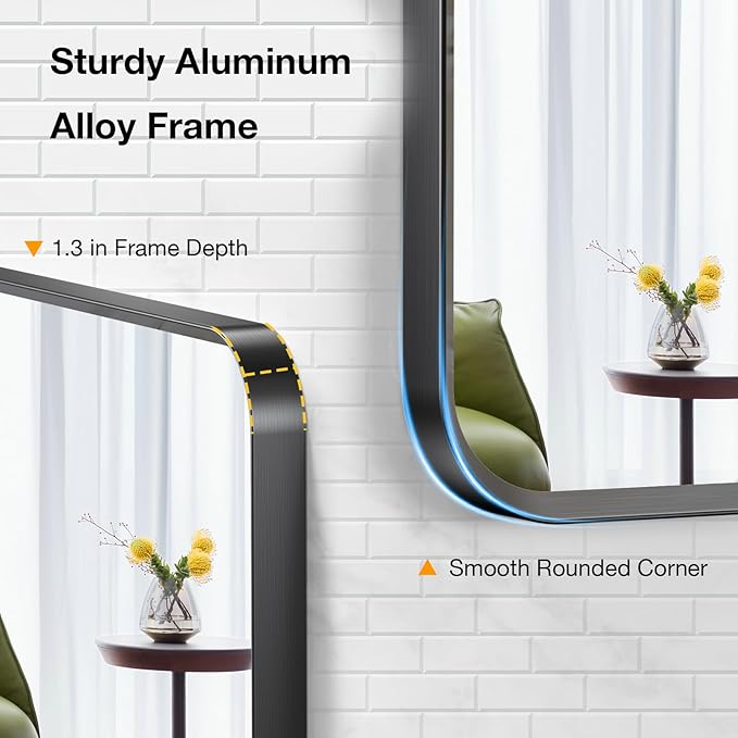 20x28 inch Black Bathroom Mirror, Metal Framed Rounded Rectangle Wall Mount Vanity Mirror, HD Tempered Glass, Aluminum Frame, Horizontal or Vertical Hanging, Modern Home Decor