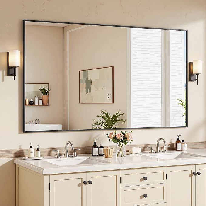 Bathroom Mirrors for Over Sink 55" x 30", Black Metal Frame Rectangle Wall Mirror, Modern Farmhouse Vanity Mirror(Horizontal/Vertical)