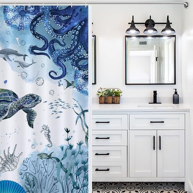 Sea Turtle Shower Curtain,Nautical Blue Teal Ocean Fish Underwater Animal Seashell Jellyfish Coastal Theme Bathroom Curtain Waterproof Fabric Machine Washable with Hooks,72x84Inch
