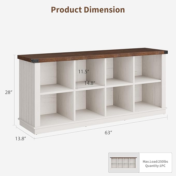 GarveeHome 8 Cube Storage Organizer Bookshelf, Farmhouse Horizontal Bookcase, 62 in Wood Storage Bookcase for Entryway, Long Low Bookshelves for Living Room (Brown and White Contrast, 8 Cube)