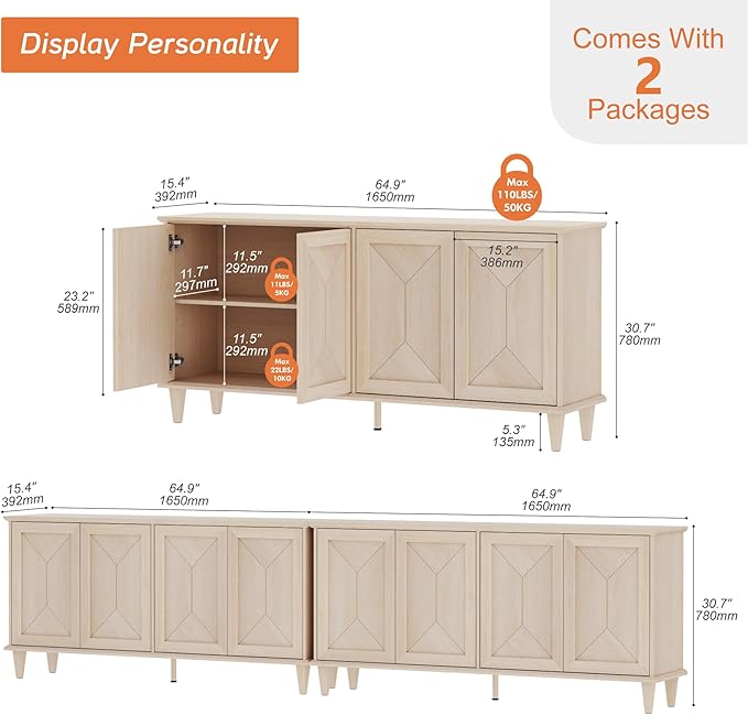 WAMPAT 130-inch Handcrafted Patchwork Decorative Buffet Cabinet with Pop-Up Design Doors,2-in-1 Large Modern Farmhouse Accent Credenza for Coffee Bar, Kitchen, and Living Room, Light Oak