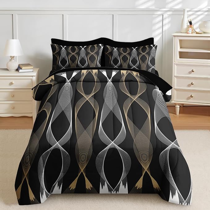 Nesker 7 Pcs Comforter Set Full Size, Striped Minimalist Bedding Set for Kids and Adults, White Golden Wave Bed Sheet Sets with Fitted Sheet 2 Pillowcases & 2 Shams