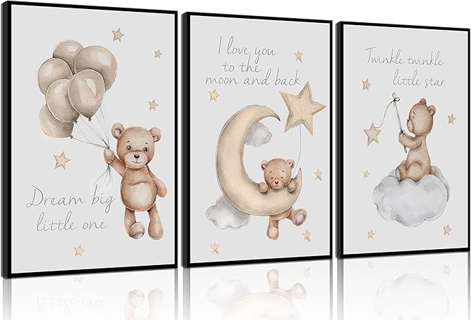 MTLXSBLT 3Pcs Nursery Teddy Bear Wall Art Cute Little Bears Wall Decor Slepping Teddy Bears Posters Prints Moon Star Cloud Neutral Nursery Canvas Pictures for Kid's Room or Bedroom Painting Unframed