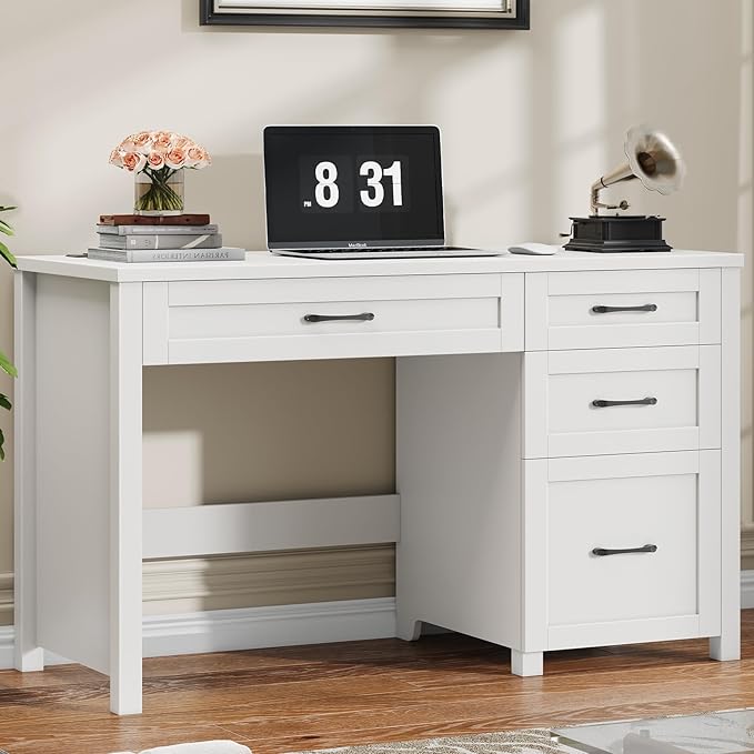 Vabches Farmhouse 47" Executive Desk, Computer Desk with File Drawer and Charging Station, Workstation for Home Office, Study,Cream White.