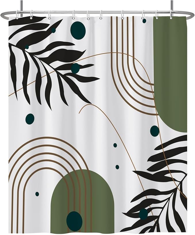 Baocicoo Mid Century Boho Shower Curtain Botanical Abstract Green Leaf Shower Curtain for Bathroom Hostel Hotel Cubicle Bathtub Decor Durable Waterproof Curtain for Bathroom with Hooks 60x72 Inches