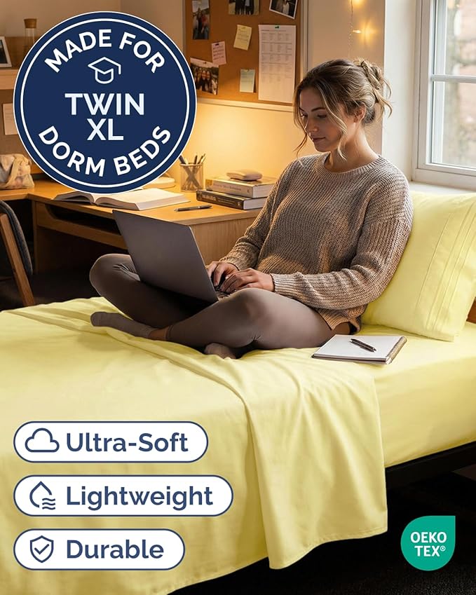 Twin XL Size 3 Piece Sheet Set - Comfy Breathable & Cooling Sheets - Hotel Luxury Bed Sheets for Women & Men - Deep Pockets, Easy-Fit, Extra Soft & Wrinkle Free Sheets - Yellow Oeko-Tex Bed Sheet Set
