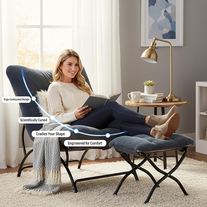 Tiita Accent Lazy Chair with Ottoman, Comfy Lounge Chair with Metal Frame and Plush Fabric, Thick Cushion Seated Cozy Recliner Chair for Reading Room, Living Room, Bedroom, Office, Dark Gray