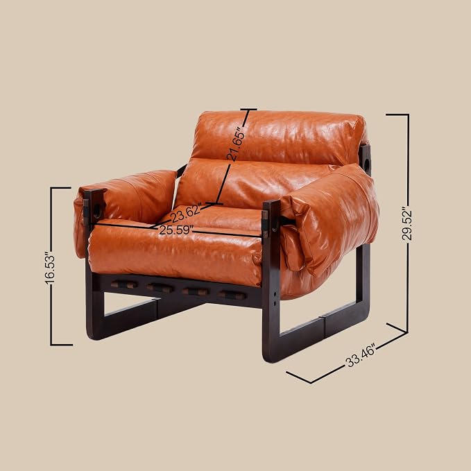 Leather Accent Chair, Mid Century Modern Lounge Chair with Removable Armrests Oil Wax Faux Leather Armchair for Living Room Bedroom Office (Retro Orange)