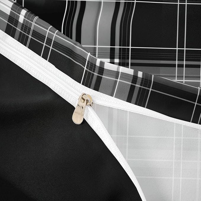 Erosebridal Boys Girls Plaid Bedding Set Full Black Grey Checkered Duvet Cover for Kids Teens Buffalo Grid Stripes Comforter Cover Modern Geometric Bed Set with Zipper