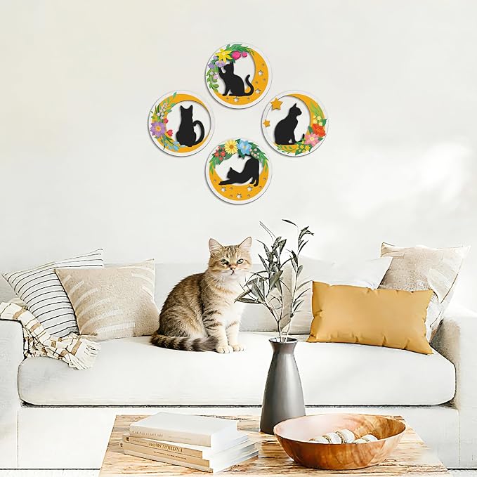 TOARTi 4PCS Boho Cat Moon Wall Decor,Colorful Floral Cats Wooden Wall Art,Black Cats Flower Hanging Sign,Farmhouse Minimalist Geometric Botanical Kitten Artwork for Bedroom Home,Cat Lovers Gifts