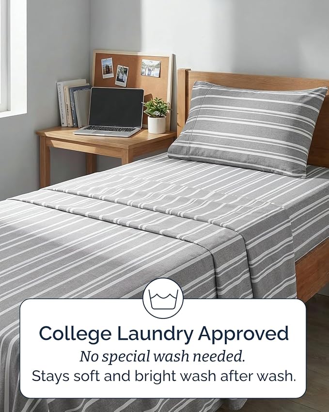 Twin XL Size 3 Piece Sheet Set - Comfy Breathable & Cooling Sheets - Hotel Luxury Bed Sheets for Women & Men - Deep Pockets, Easy-Fit, Soft & Wrinkle Free Sheets - Grey Stripes Oeko-Tex Bed Sheet Set