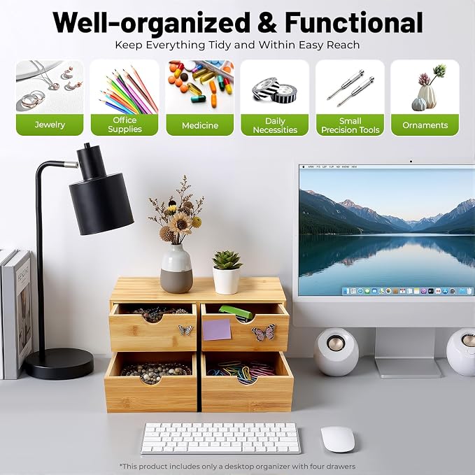 Bamboo Desk Organizer Small Retro Bamboo Tabletop Storage Box with Drawers& Recess Handles for Office Home Supplies Table Storage Collector 13 * 7.5 * 6in (4 Drawers)