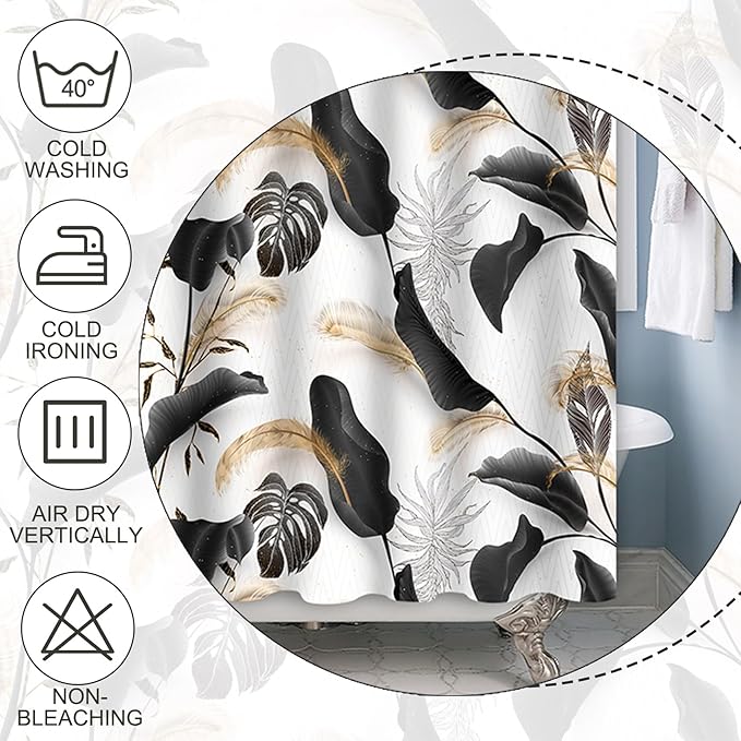 Baocicoo Black Leaves Shower Curtain Bohemian Style Shower Curtain for Bathroom Tropical Leaves Boho Floral Shower Curtains Bathtub Living Room Decor Bathroom Decorations with Hooks 72x96 Inches