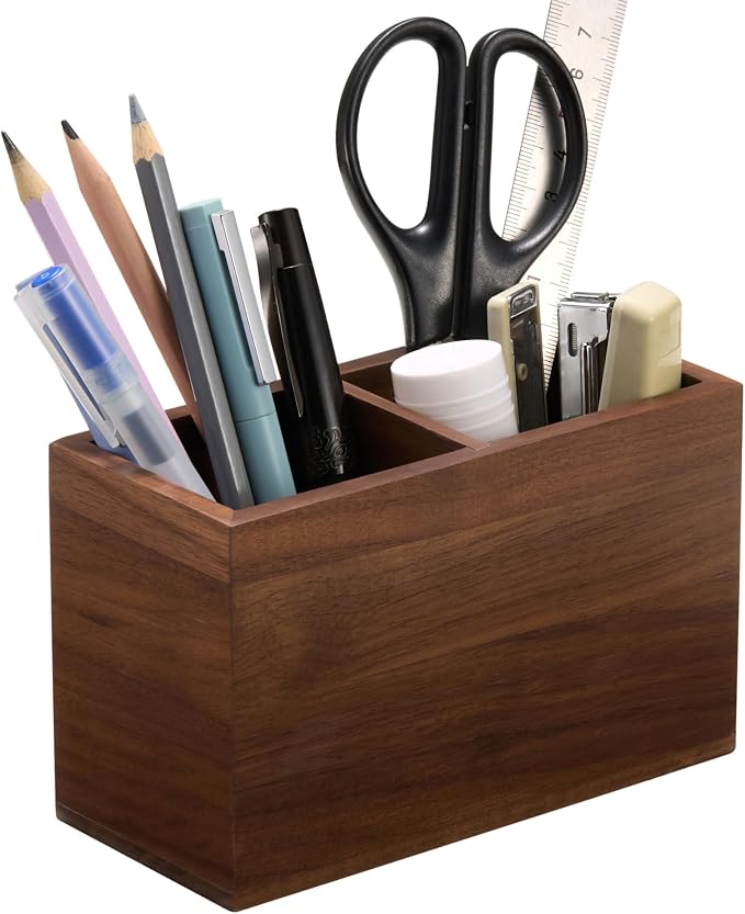 KORUA Walnut Pencil Holder (Double Slots) Wood Pen Holder for Desk
