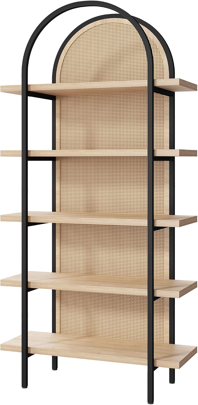 Yusong Bookshelf Rattan 5 Tier Arched Bookcase, 74" Tall Industrial Open Book Shelves for Living Room, Modern Freestanding Display Shelving Boho Storage Rack with Metal Frame for Office, Brown