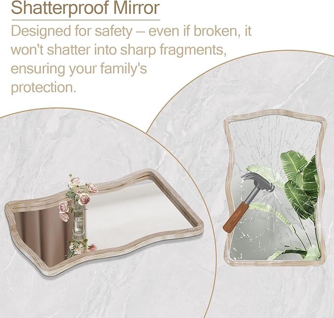 ULIKE Wavy Wall Mirror for Bathroom, 24x36 Wood Frame Mirror for Over Sink, Rustic Wall Mirrors Decorative and Vanity Mirrors for Bedroom Living Room Entryway, White