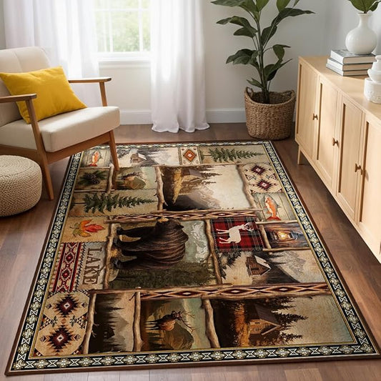 Rustic Lodge Bear Moose Deer Rugs for Entryway 3x5, Farmhouse Cabin Door Mats Indoor Entrance for Entryway Bedroom Dining Room, Non-Slip Machine Washable Indoor Entry Rug Doormat Carpet