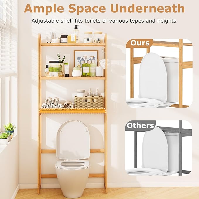 Giantex Bamboo Over The Toilet Storage, 3-Tier Over Toilet Bathroom Organizer with 3 Hooks & Adjustable Shelves, Freestanding Space Saver Above Toilet Shelf Rack for Laundry, Balcony, Restroom
