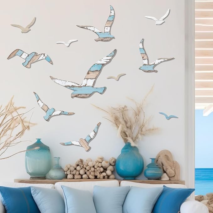 Zzbakress 11 Pcs Wooden Seagull Wall Decor Nautical Coastal Beach Wall Art Vintage Ornaments Unique Sea Birds Wall Sculpture for Home Bathroom Living Room Bedroom (Vintage)
