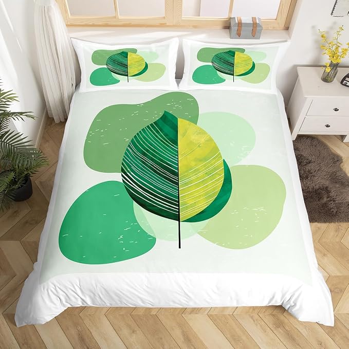 Erosebridal Green Modern Duvet Cover Twin Mid Century Bedding Set, Hippie Minimalist Comforter Cover Abstract Leaves Bed Set, Aesthetic Geometric Bedding White Bedroom Decoration (Zipper Closure)