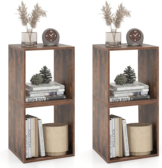 2 Stackable Cubes Bookcase, Wooden Cubby Storage Organizer with Anti-Tipping Device, Small Book Shelf for Small Space, Combination Square Bookshelf Cubes (2, Rustic Brown)