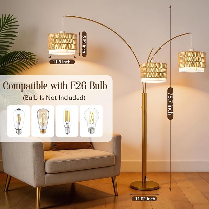 Gold Arc Floor Lamp for Living Room, Boho Floor Lamp with Stepless Dimmable Switch, Rattan Standing Lamp with Wicker&Fabric Shade, Mid Century Tall Lamp for Bedroom Over Couch Reading