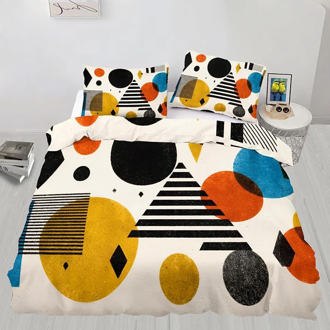 Mid Century Abstract Duvet Cover Queen Size, Vintage Geometric Bedding Set 3 Piece, Abstract Minimalist Modern Patterned Comforter Cover with Zipper Soft Microfiber, 2 Pillowcases