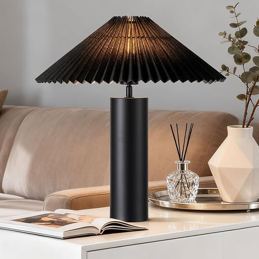 Modern Table Lamp with Metal Blade Lampshade and Cylindrical Base, E26 Bulb Compatible, Contemporary Accent Light for Living Room, Bedroom, Office (Black)