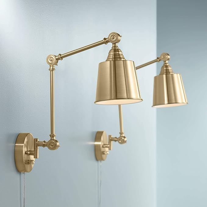 360 Lighting Mendes Modern Swing Arm Adjustable Wall Lamps Set of 2 Antique Brass Plug-in Light Fixture Up Down Metal Shade for Bedroom Bedside House Reading Living Room Home Hallway Dining