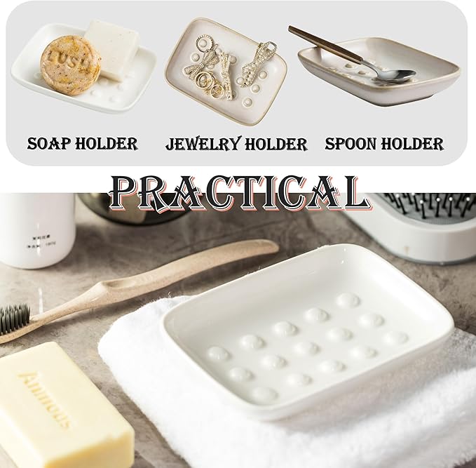 Soap Dish, Ceramic Soap Holder Shower Soap Dish for Bar Soap Sponge, Soap Saver Tray for Bathroom Kitchen Sink, White (Pack of 2)
