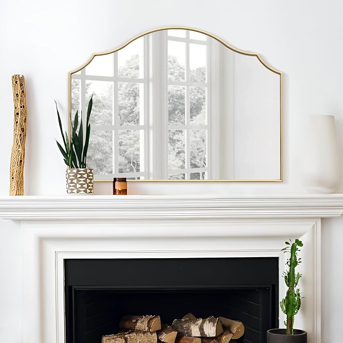 Besdomus Gold Scalloped Mirror for Dresser: 35"x26" Modern Wooden Mantel Mirror - Minimalist Decorative Wall for Vanity/Bedroom/Fireplace/Entryway - Ideal for 20-44 Age Fashion Women