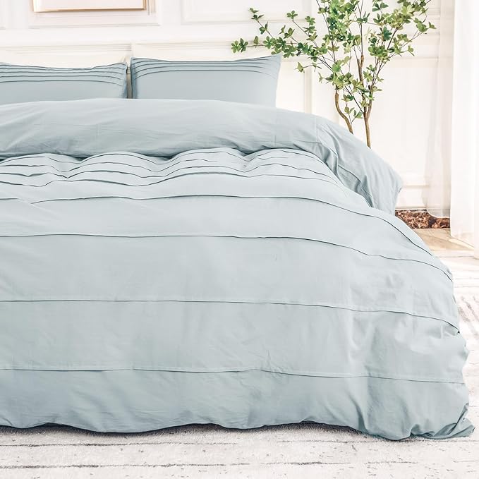 NEXHOME PRO 100% Washed Cotton Duvet Cover King Size, Pleated Textured Duvet Cover Set Azure Blue, 3 Pieces Bedding Set with Zipper Closure, Soft, Lightweight and Breathable (104"x90", No Comforter)
