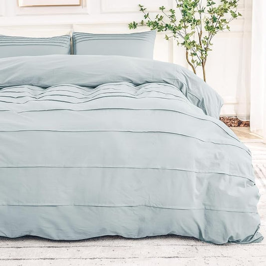 NEXHOME PRO 100% Washed Cotton Duvet Cover King Size, Pleated Textured Duvet Cover Set Azure Blue, 3 Pieces Bedding Set with Zipper Closure, Soft, Lightweight and Breathable (104"x90", No Comforter)