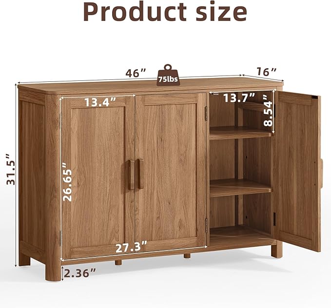 Sideboard Buffet Cabinet with Storage, 46" Arc-Shaped Credenza with 3 Doors & Adjustable Shelves, Mid Century Modern Coffee Bar Cabinet for Kitchen, Living Room, Entryway, Darkwood