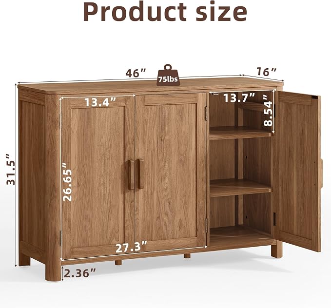 Joaxswe Sideboard Buffet Cabinet with Storage Set of 2, 46" Arc-Shaped Credenza with 3 Doors & Adjustable Shelves, Coffee Bar Cabinet for Kitchen, Living Room, Darkwood