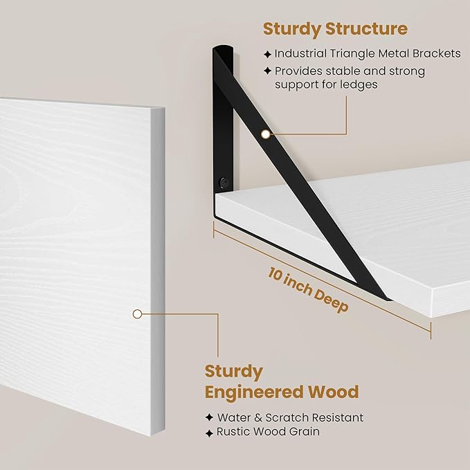 Deep Floating Shelves,55" Wx10 D Wood Wall Shelves Set of 2,Long Wood Floating Shelf with Metal Brackets,Floating Bookshelf for Living Room,Kitchen,Office,Bedroom,Decor Storage,White