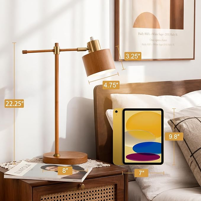 OYEARS 22.2" Mid Century Desk Lamp, Modern Metal Table Lamp with LED Bulb, Adjustable Reading Lamps, Industrial Task Lamp for Home Office, Farmhouse Bedside Lamps with Solid Base, Woodgrain