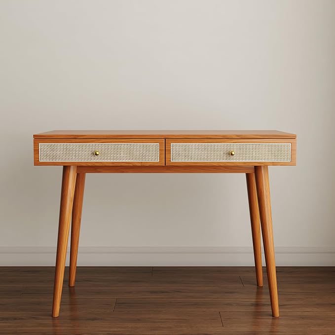 Mid-Century Modern Solid Wood Desk with Drawers – 45 inch Small Boho Rattan Writing Desk for Home Office, Minimalist Design Natural Wood Legs Table for Workspace Elegance