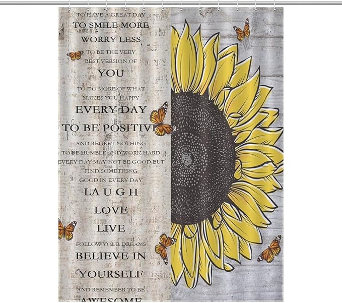 Inspirational Quotes Sunflowers Butterfly Shower Curtain,Vintage Old Newspaper Board Background Sunflower Animals Waterproof Shower Curtains for Bathroom Decor 12 Pack Hooks 55x72in（140x183cm）