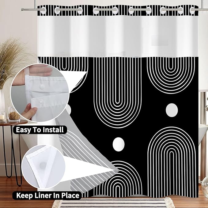 No Hook Shower Curtain with Snap in Liner Boho Mid Century Shower Curtains for Bathroom Hotel Double Black Bath Curtain Washable 71x74 Inch