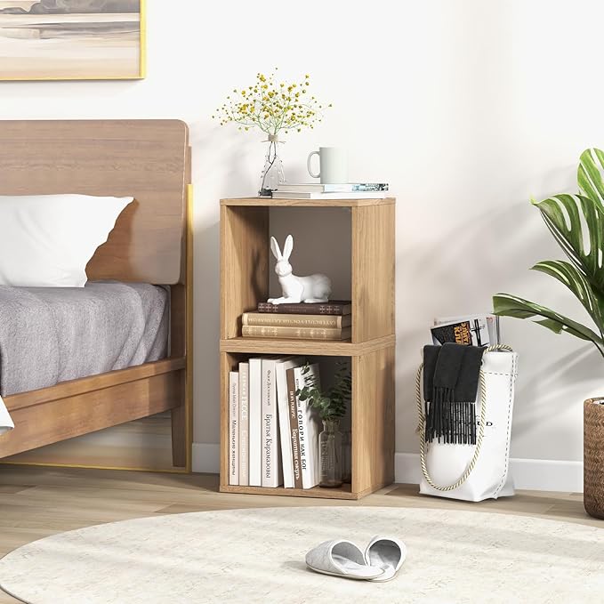 Giantex 2 Cube Bookshelf Organizer, 2-Tier Stackable Cube Storage Organizer, Small Wooden Open Book Shelf with Anti-toppling Device, Wood Floor Standing Display Shelving Bookcase, Natural