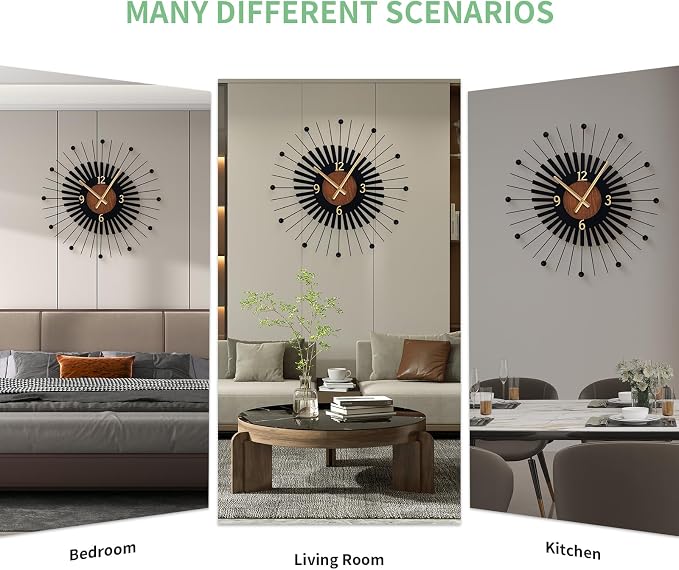 22 Inch Modern Sunburst Wall Clock Battery Operated, Black Metal Radiating Design with Walnut Wood Center, Silent Quartz Movement, Gold Hands – Decorative Clocks for Living Room, Office, Bedroom