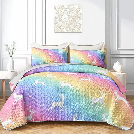AILONEN Rainbow Galaxy Deer Twin Quilted Comforter Set 3 Piece, Celestial Stag Bedspread Coverlet with 2 Pillowcases, Magical Bedding for Girls Dorm