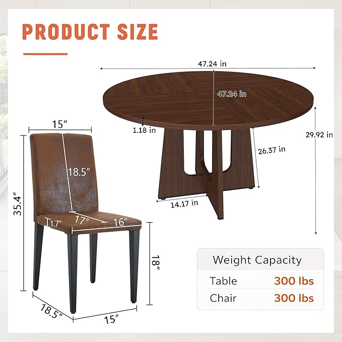 47" Round Dining Table Set for 6, Walnut Wood Grain Table and 6 Brown Suede Upholstered Chairs Set, Mid Century Modern Kitchen Table Set with Cross Legs